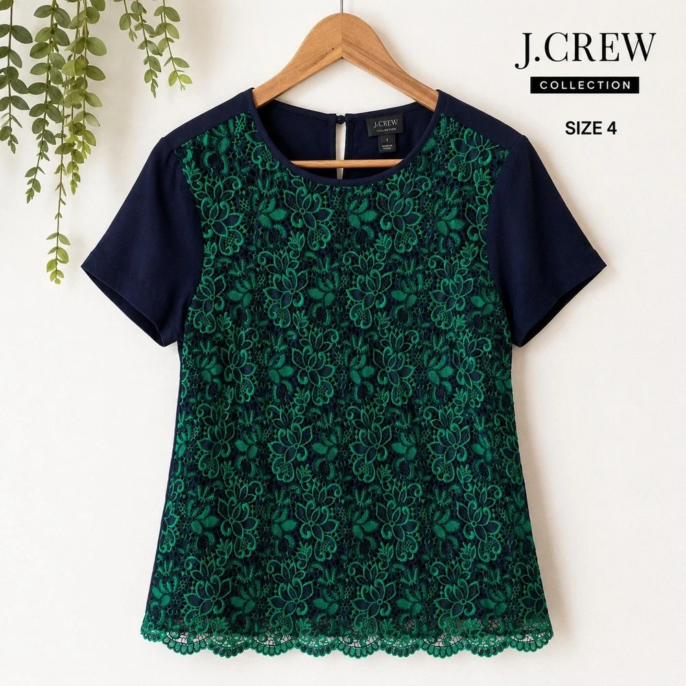 J. Crew Collection Navy Green Floral Lace Silk Sleeve Blouse Top 04232 Size 4